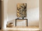 Golden Creek Bridge floral canvas print on the wall of a hallway