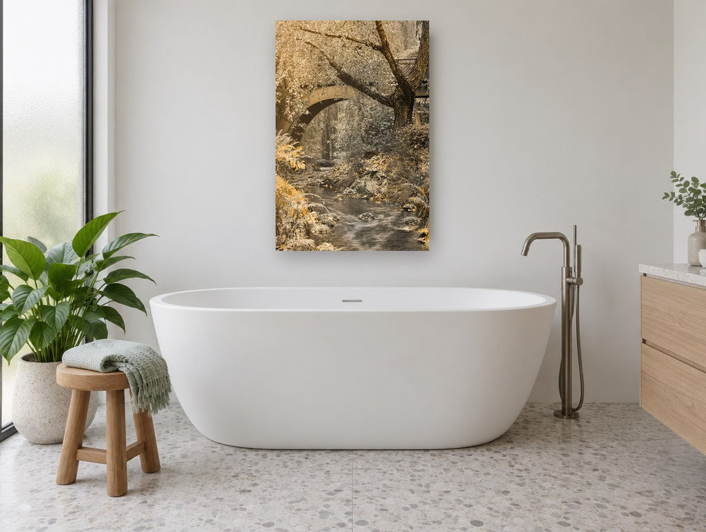 Golden Creek Bridge floral canvas print on the wall of a bathroom