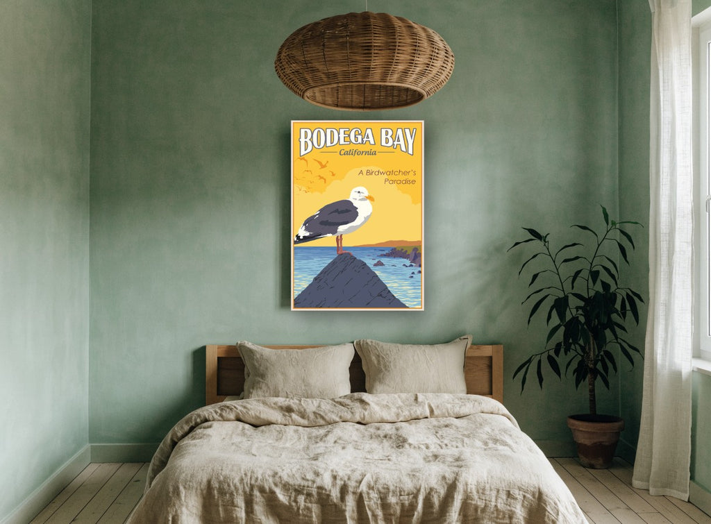 Bodega Bay Gull vintage canvas print on the wall of a bedroom