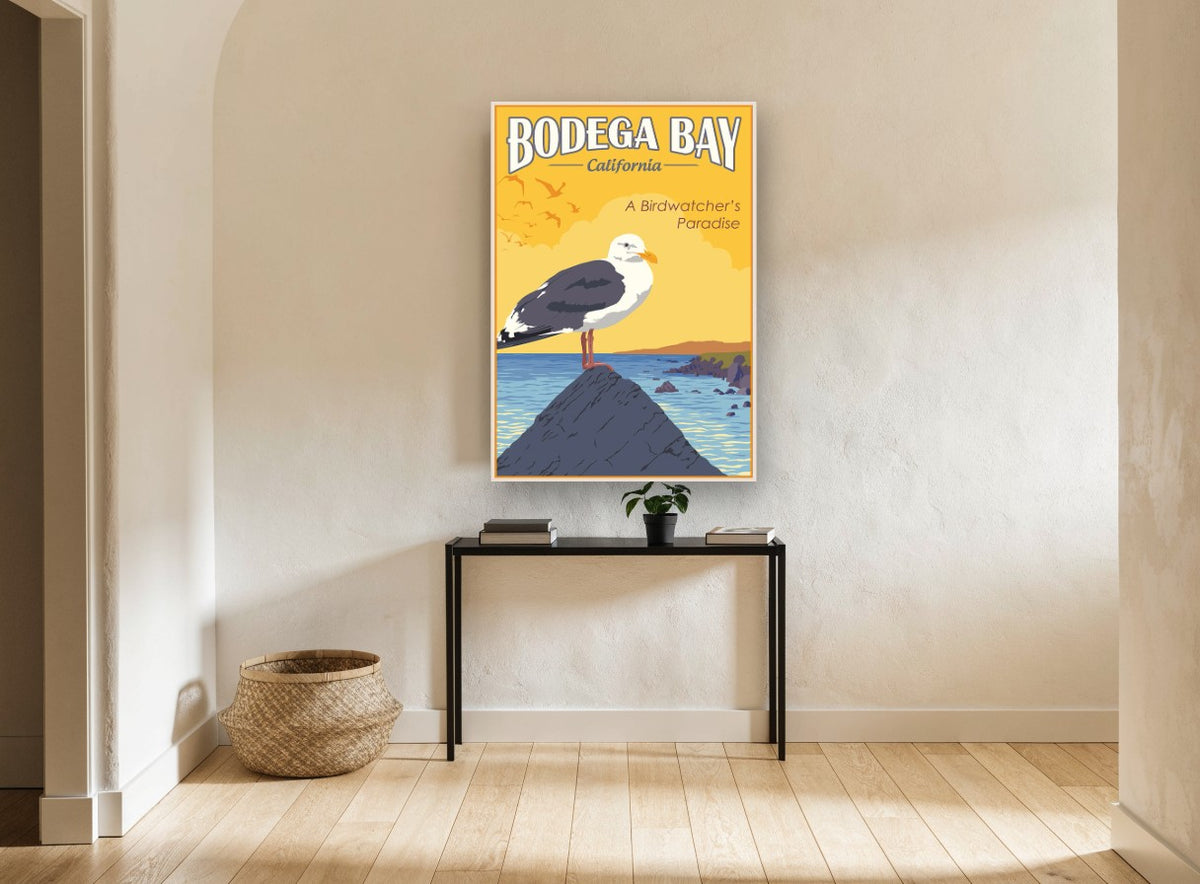 Bodega Bay Gull vintage canvas print on the wall of a hallway