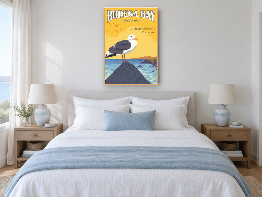 Bodega Bay Gull vintage canvas print on the wall of a coastal bedroom