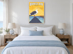 Bodega Bay Gull vintage canvas print on the wall of a coastal bedroom