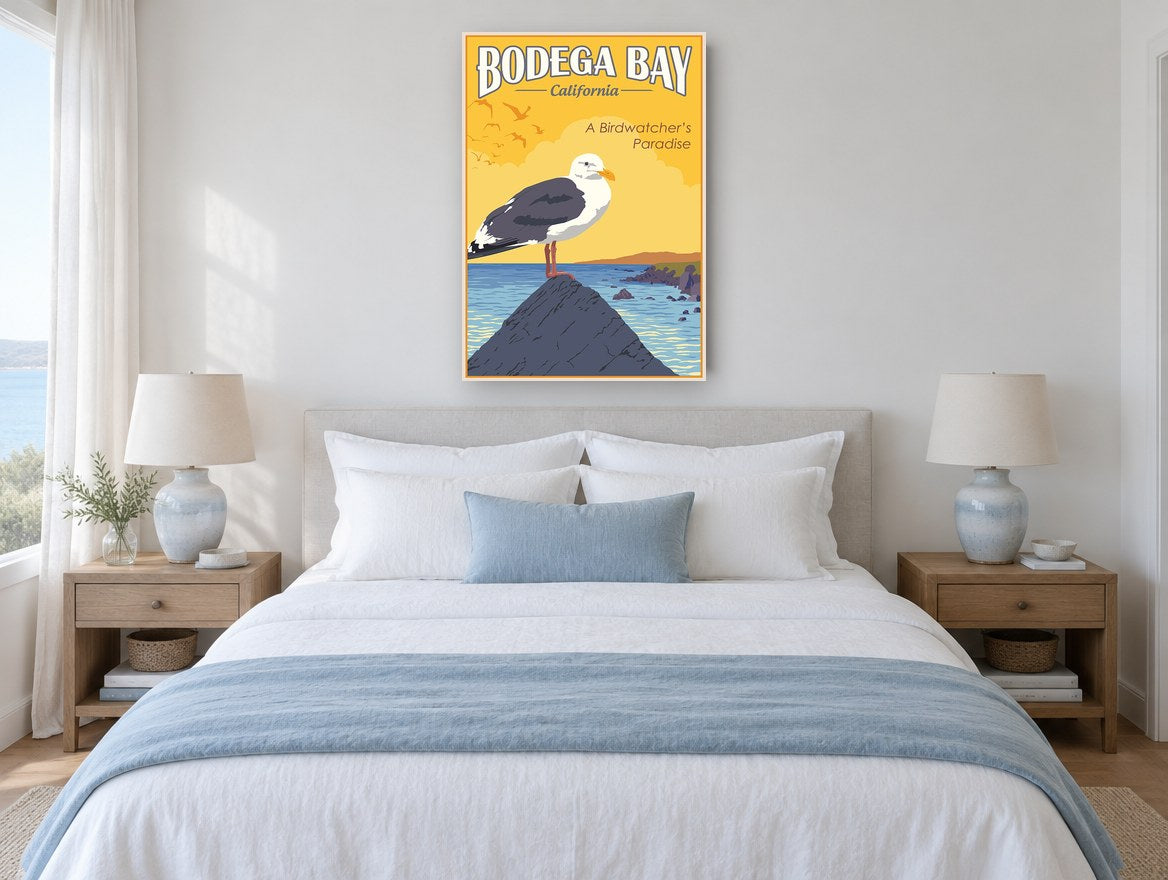 Bodega Bay Gull vintage canvas print on the wall of a coastal bedroom