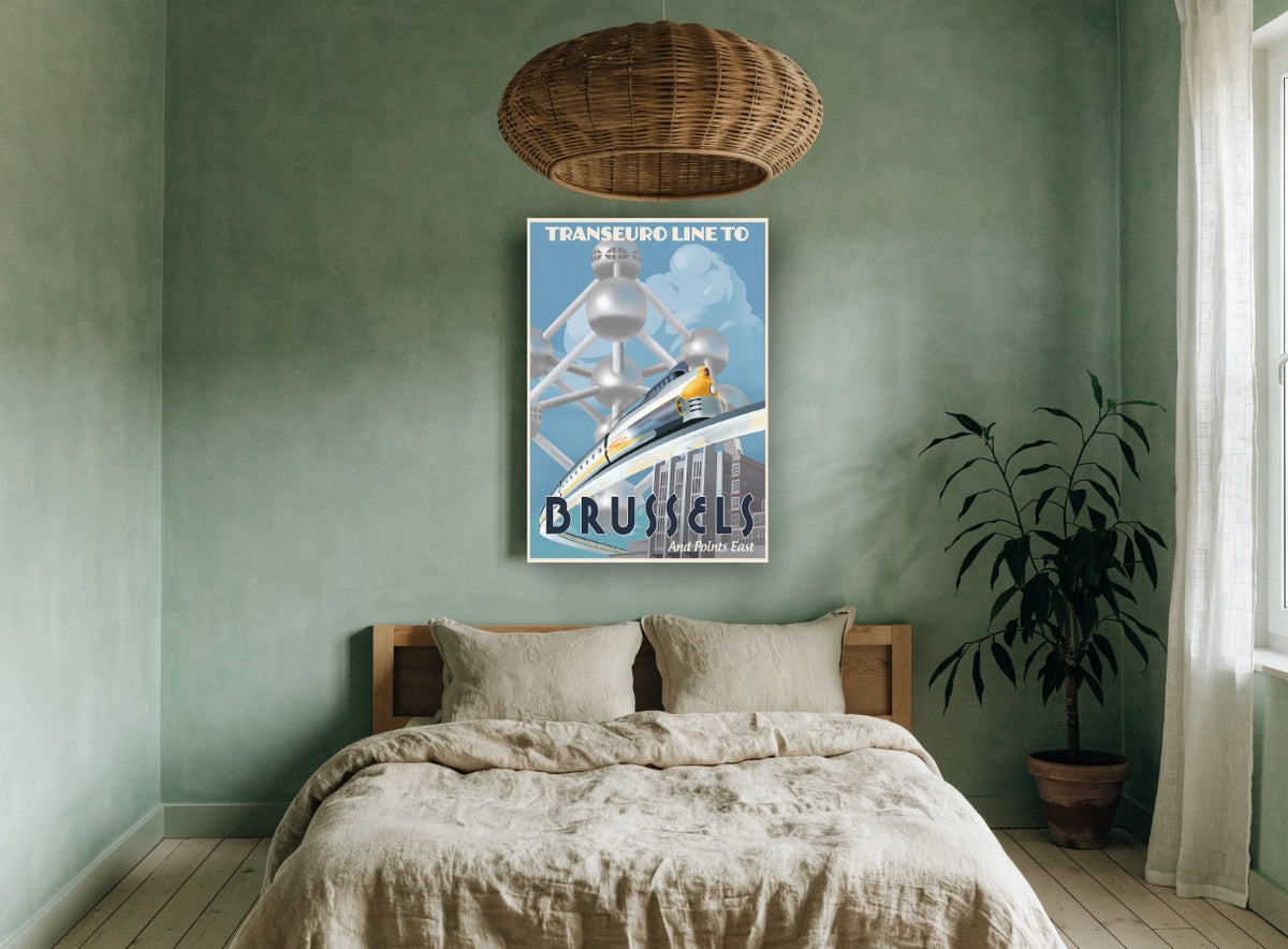 Transeuro Line Brussels vintage canvas print on the wall of a bedroom