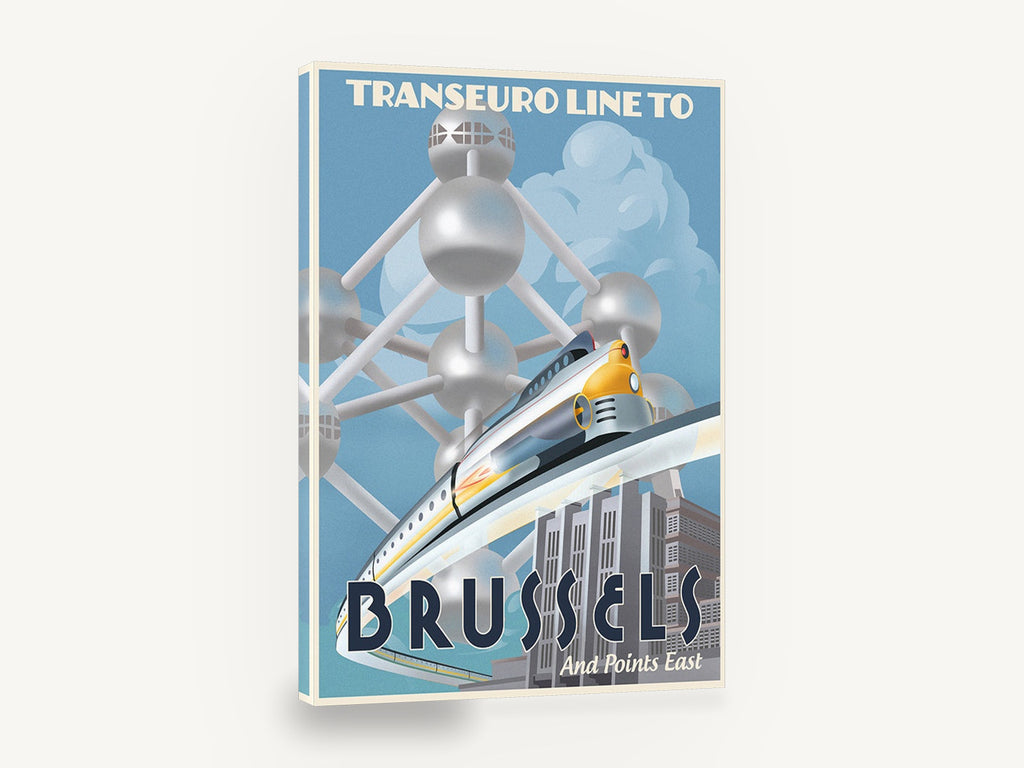 Transeuro Line Brussels, retro brussels atomium train travel poster, stretched canvas wall art print ready to hang