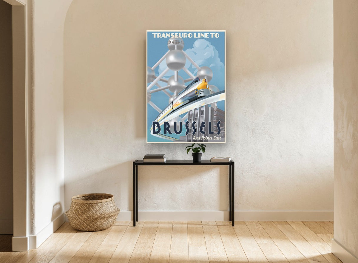 Transeuro Line Brussels vintage canvas print on the wall of a hallway