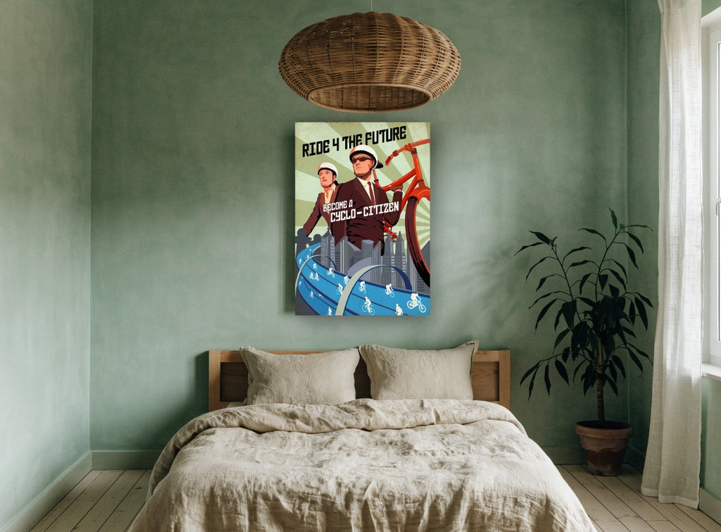 Ride 4 the Future vintage canvas print on the wall of a bedroom