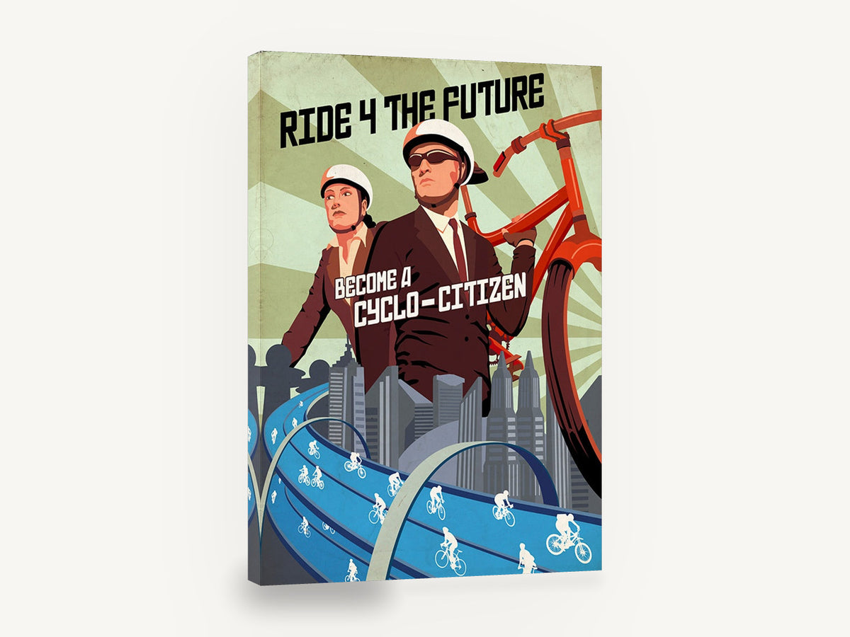 Ride 4 the Future, retro cycling propaganda style poster, stretched canvas wall art print ready to hang