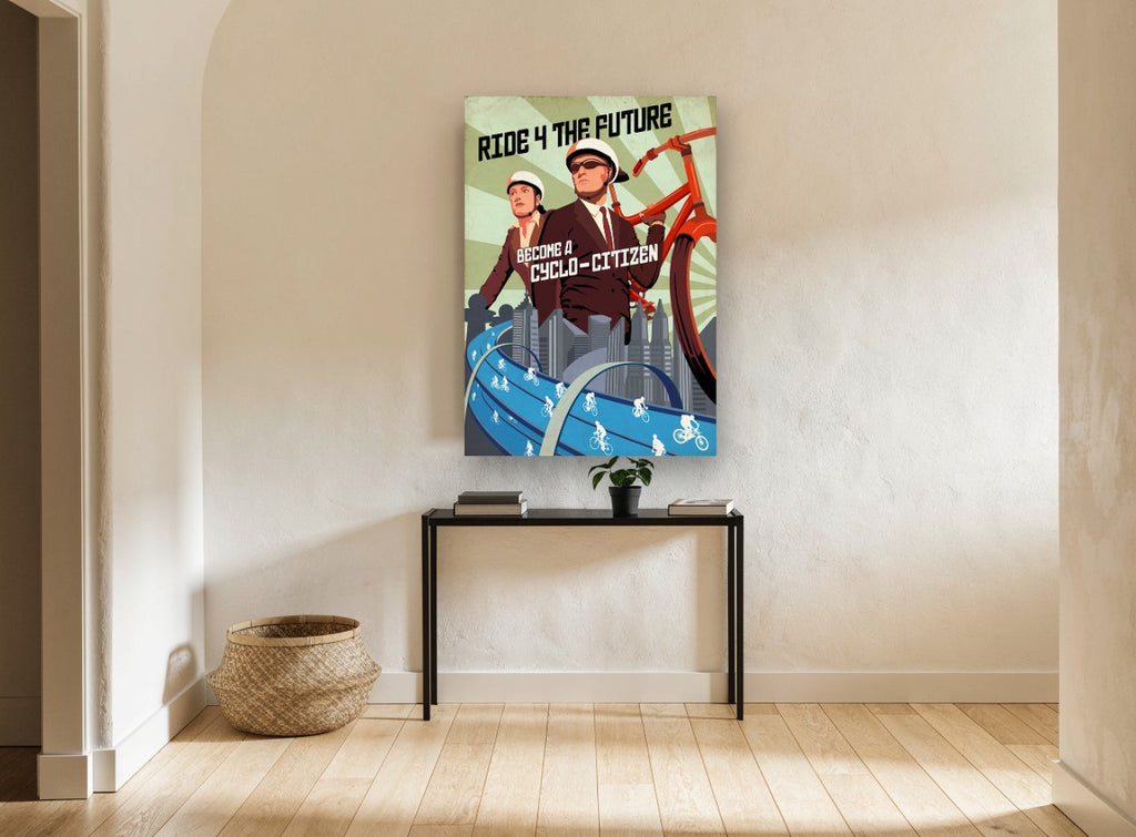 Ride 4 the Future vintage canvas print on the wall of a hallway
