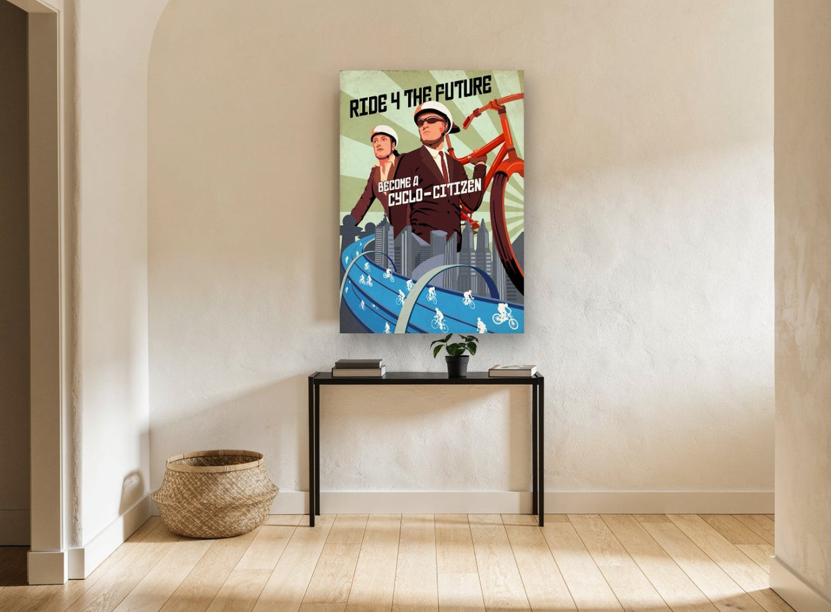 Ride 4 the Future vintage canvas print on the wall of a hallway
