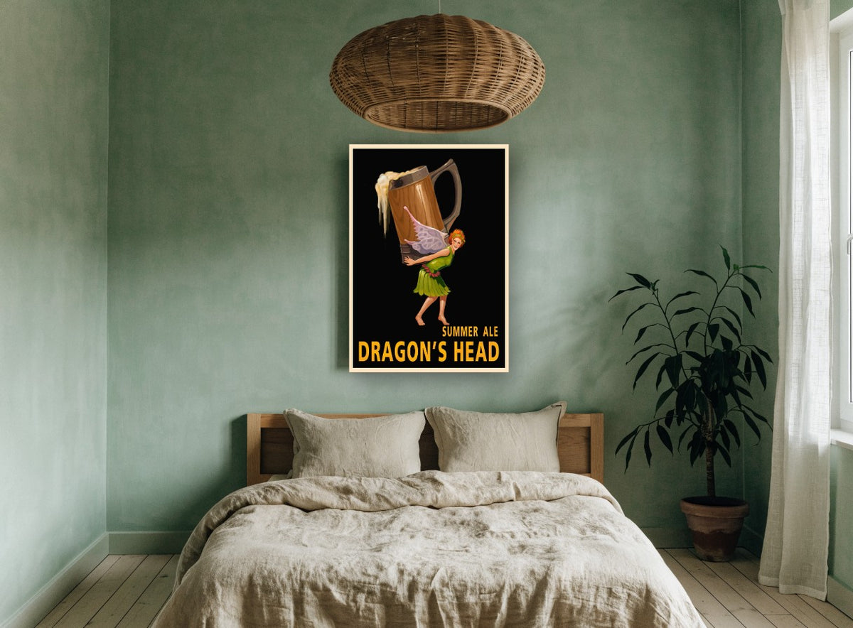 Fairy Carrying Summer Ale vintage canvas print on the wall of a bedroom