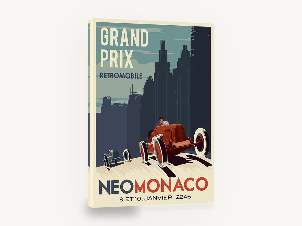 Neo Monaco Grand Prix, retro grand prix racing car poster, stretched canvas wall art print ready to hang