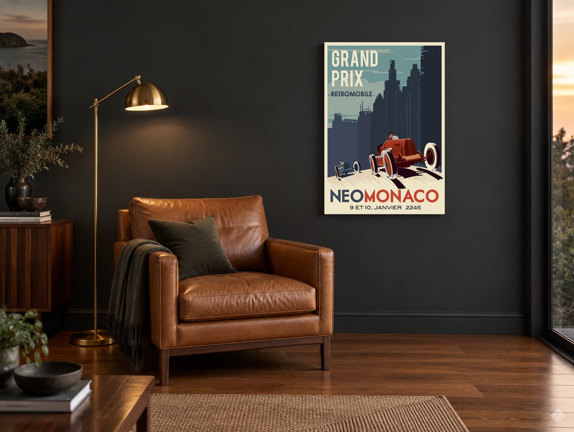 Neo Monaco Grand Prix vintage canvas print on the wall of a charcoal living room