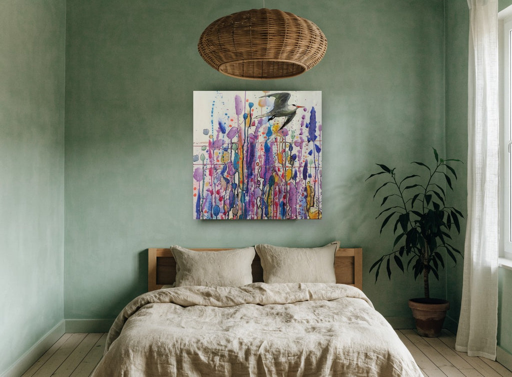 Tern Over Dripping Blooms floral canvas print on the wall of a bedroom