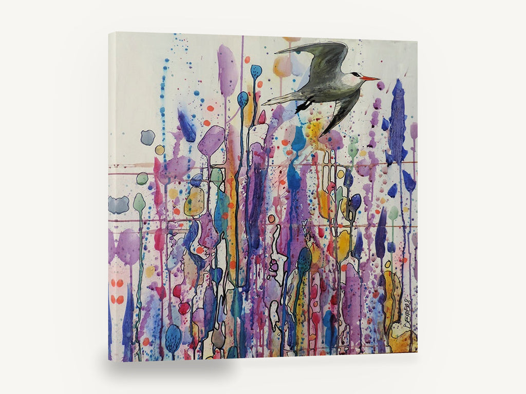 Tern Over Dripping Blooms, bird in flight abstract floral colourful, floral canvas wall art print ready to hang