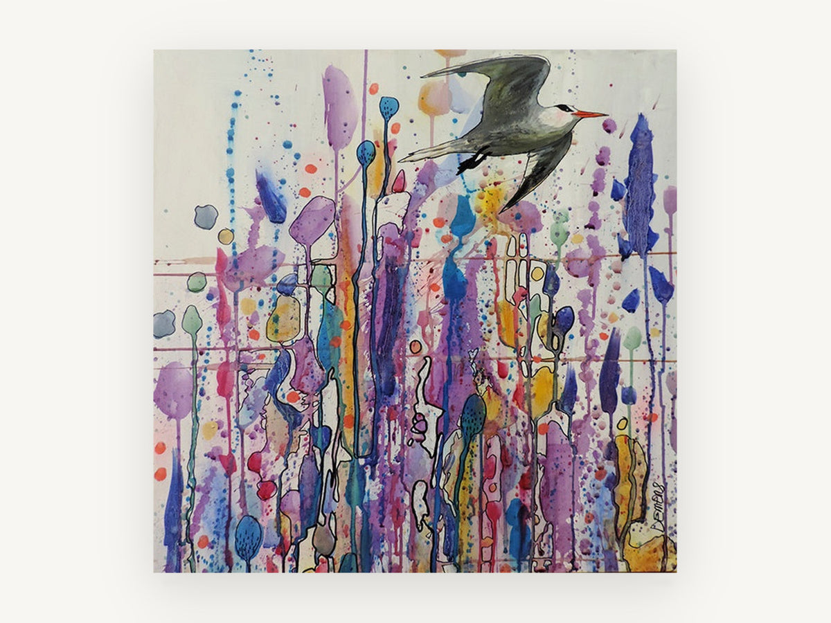 Tern Over Dripping Blooms, floral canvas wall art print, front view