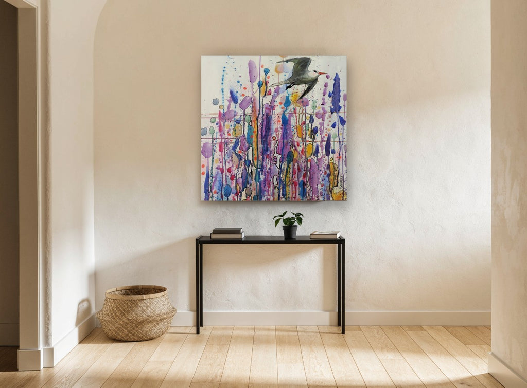 Tern Over Dripping Blooms floral canvas print on the wall of a hallway