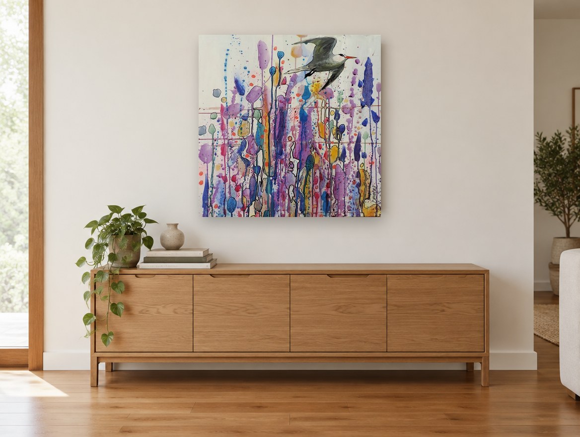 Tern Over Dripping Blooms floral canvas print on the wall of a living room above a sideboard