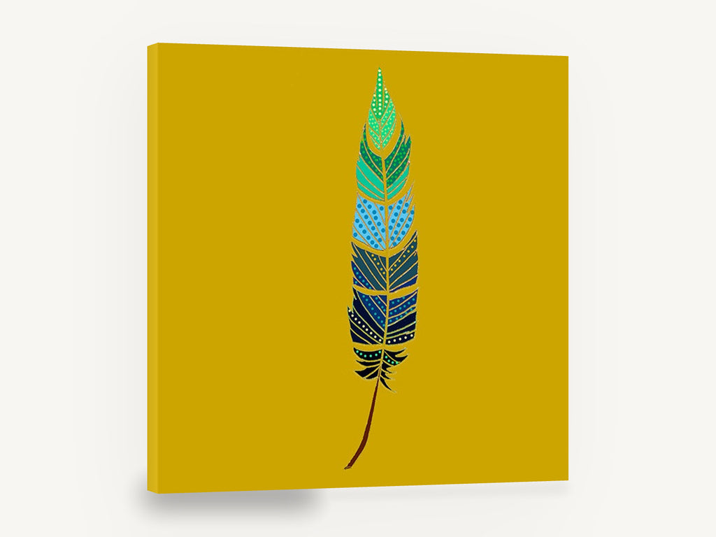 Dotted Teal Feather, dotted bird feather illustration, animal canvas wall art print ready to hang