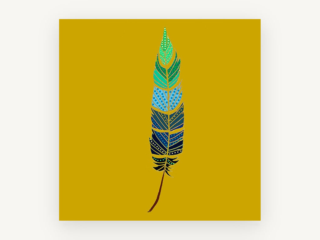 Dotted Teal Feather, dotted bird feather illustration, animal canvas wall art print, front view
