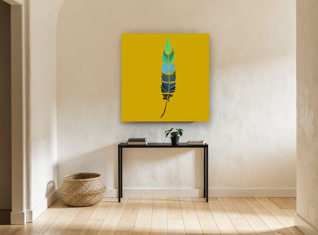 Dotted Teal Feather animal canvas print on the wall of a hallway