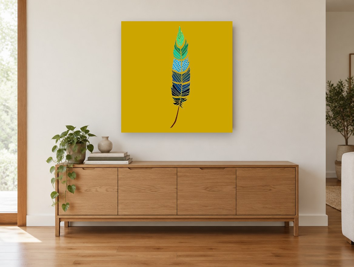 Dotted Teal Feather animal canvas print on the wall of a living room above a sideboard
