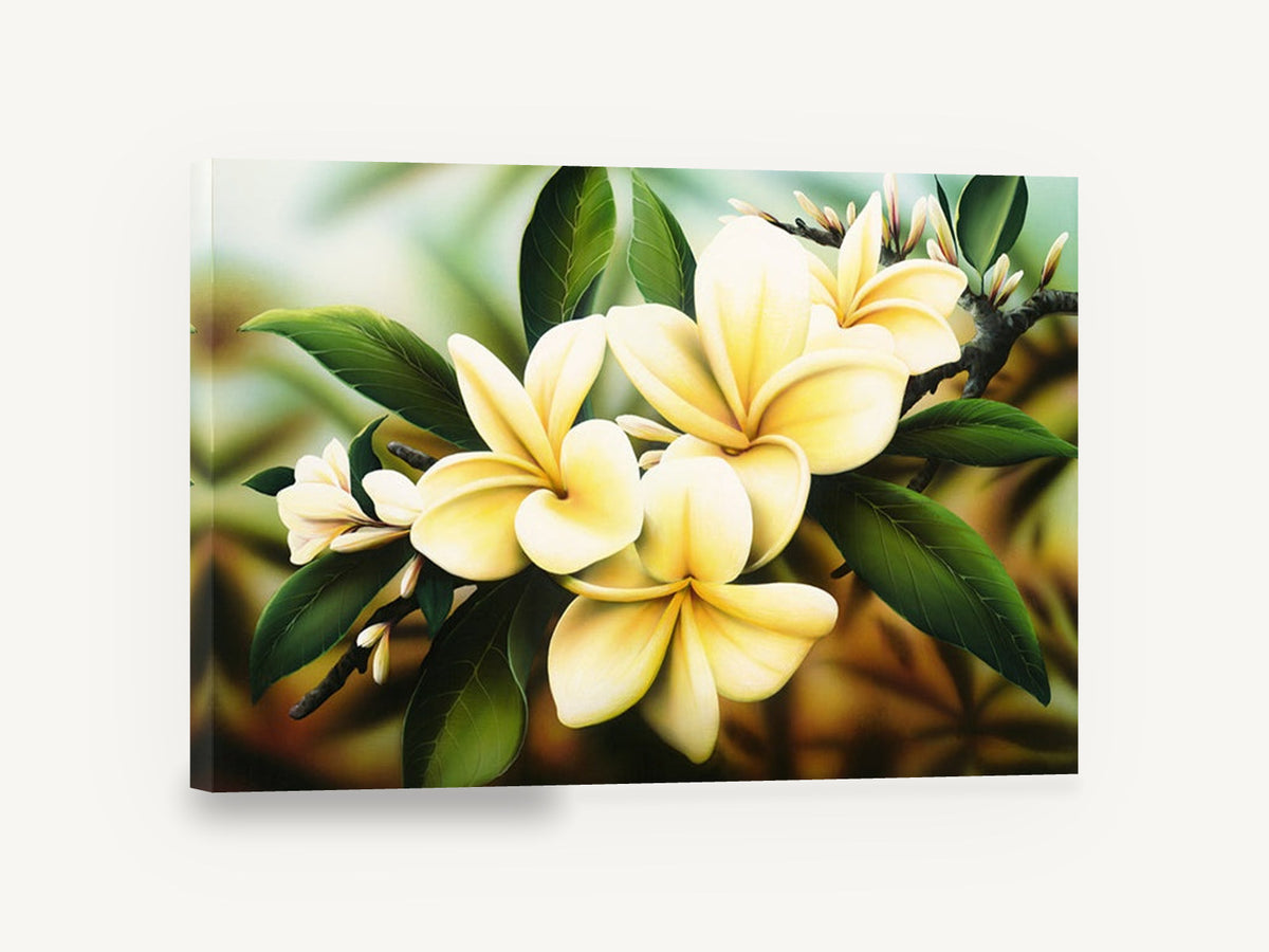 Golden Frangipani Branch, yellow frangipani flowers tropical painting, floral canvas wall art print ready to hang
