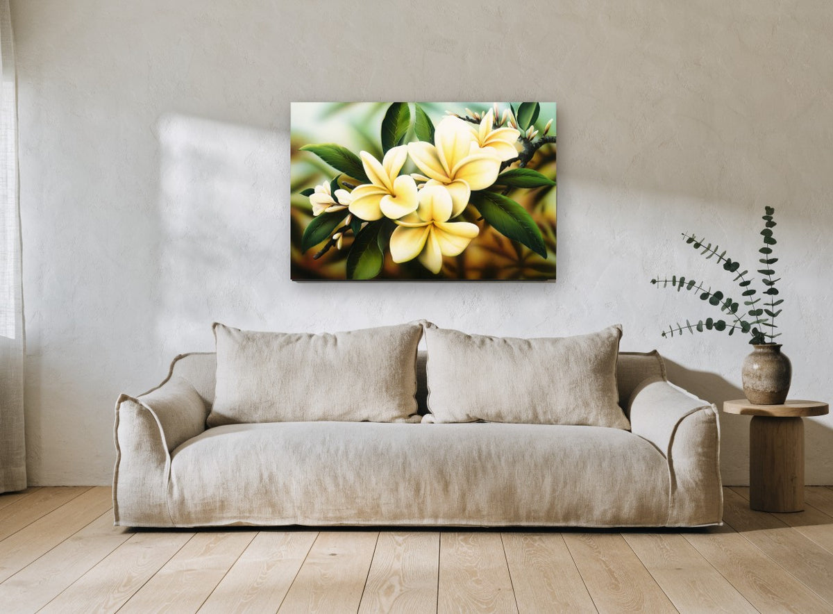 Golden Frangipani Branch floral canvas print on the wall of a living room