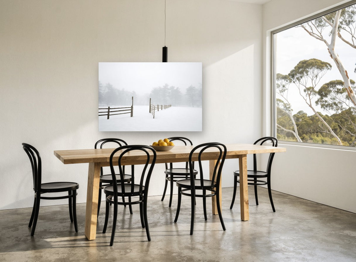 Open Gate in Fog landscape canvas print on the wall of a dining room