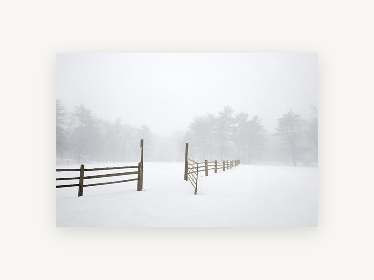 Open Gate in Fog, snowy paddock fence fog photograph, landscape canvas wall art print, front view