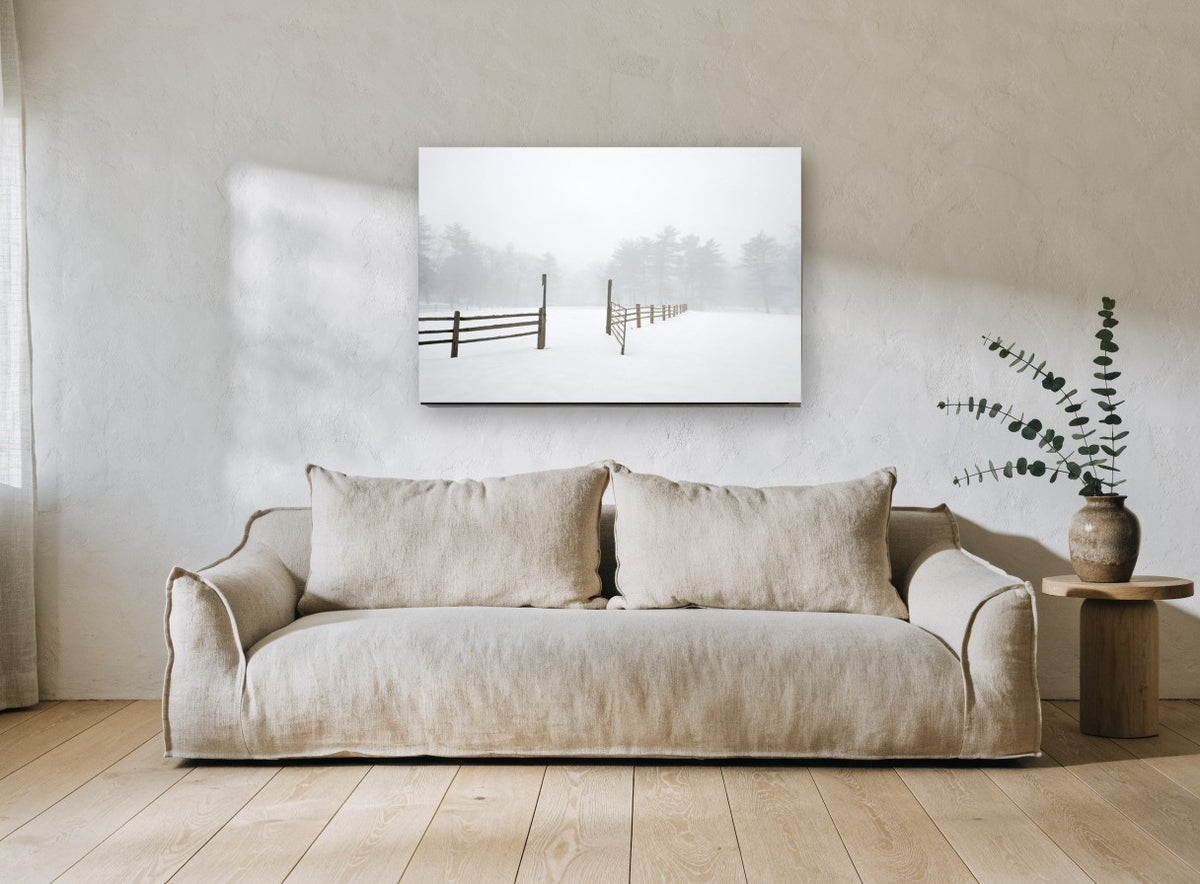 Open Gate in Fog landscape canvas print on the wall of a living room