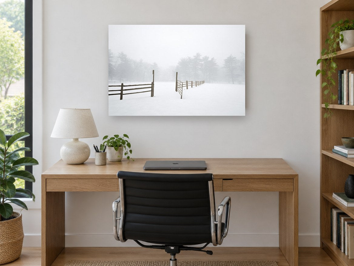 Open Gate in Fog landscape canvas print on the wall of a study