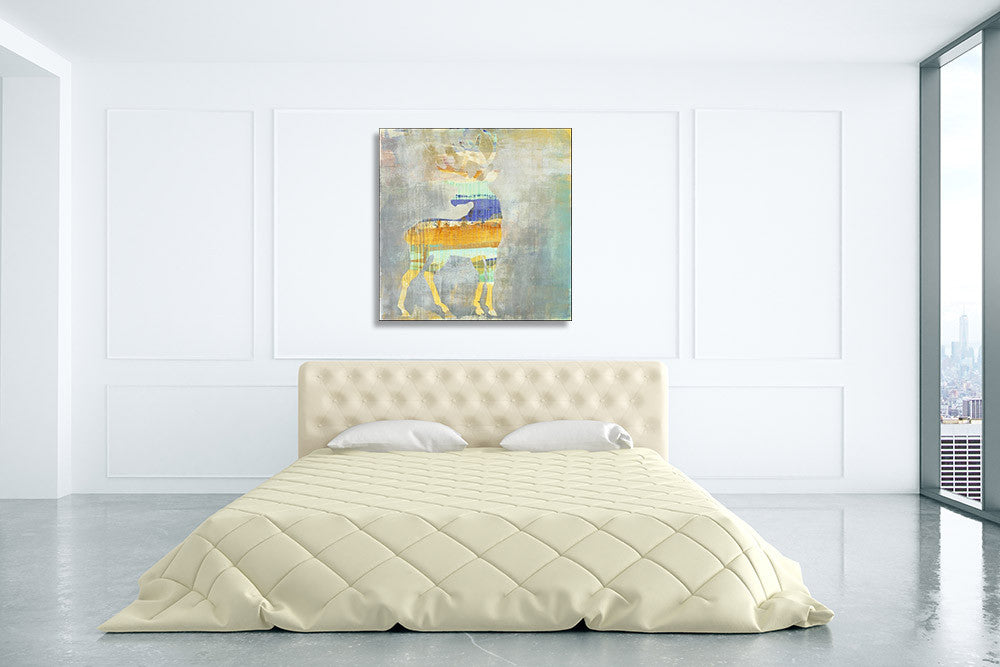 Sunrise Stag Wall Art Print on the wall