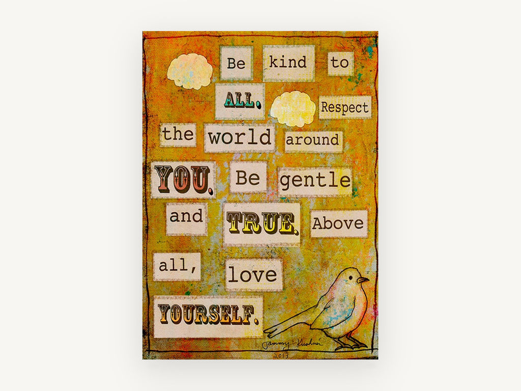 Be Kind Bird Collage, kindness quote bird typography art, animal canvas wall art print, front view