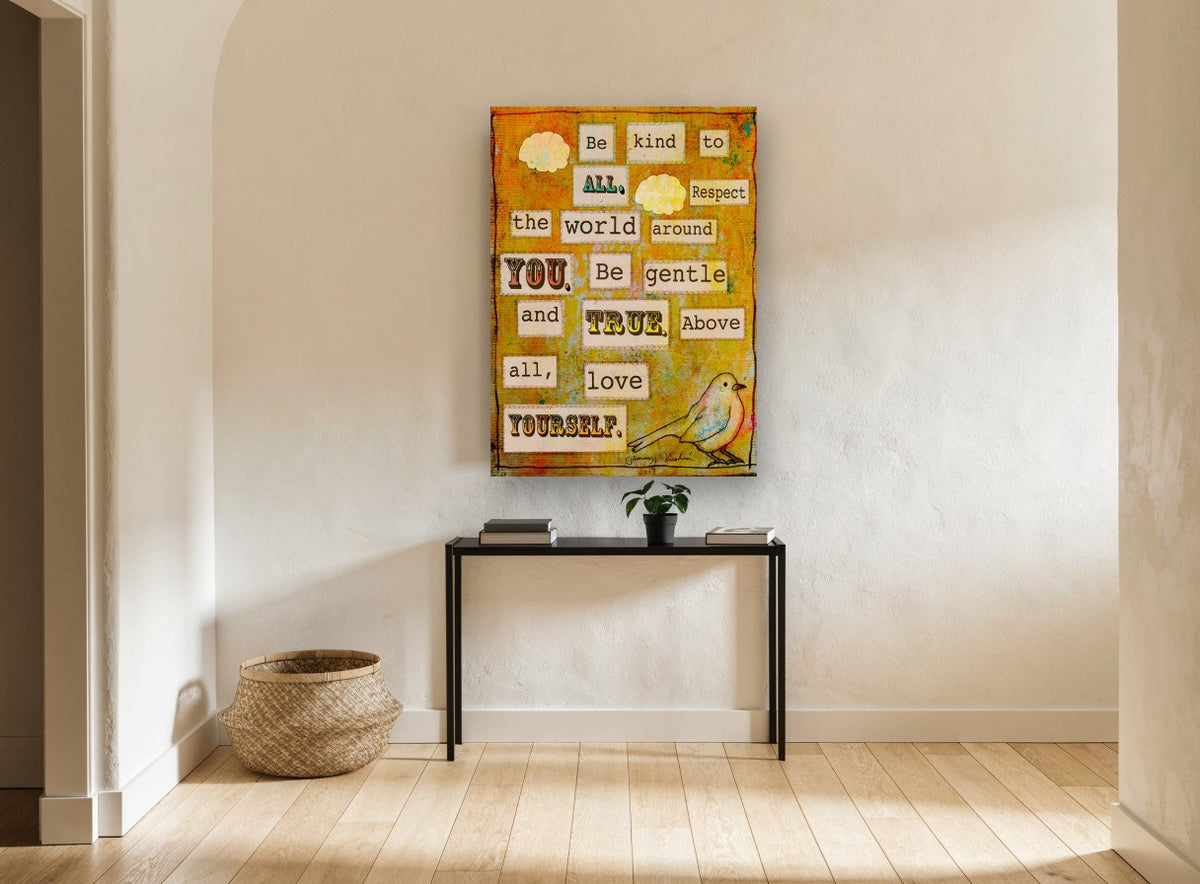 Be Kind Bird Collage animal canvas print on the wall of a hallway