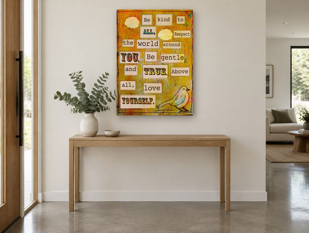 Be Kind Bird Collage animal canvas print on the wall of a entry hall
