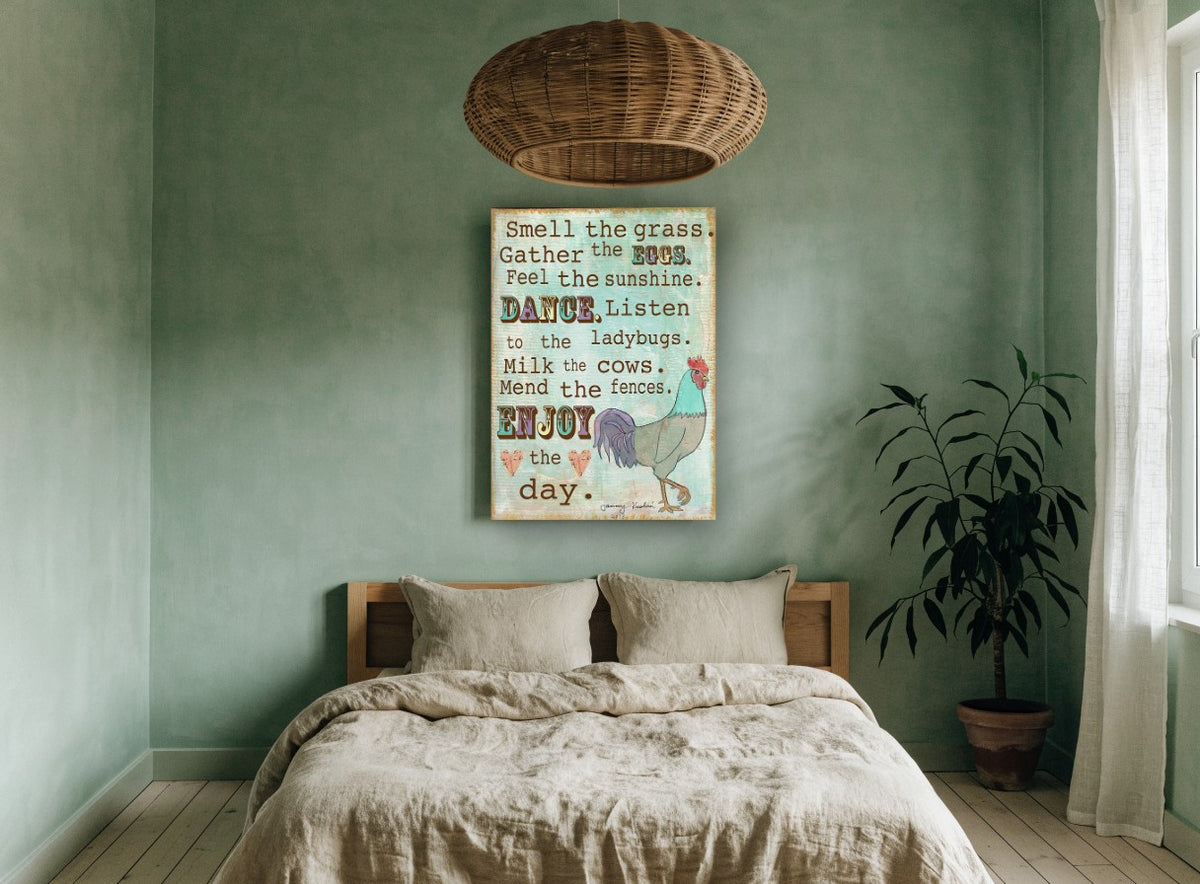 Enjoy the Day Rooster animal canvas print on the wall of a bedroom