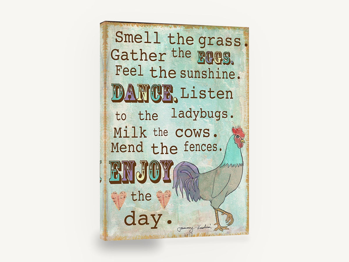Enjoy the Day Rooster, rooster typography farm quote illustration, animal canvas wall art print ready to hang