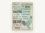 Enjoy the Day Rooster, rooster typography farm quote illustration, animal canvas wall art print, front view