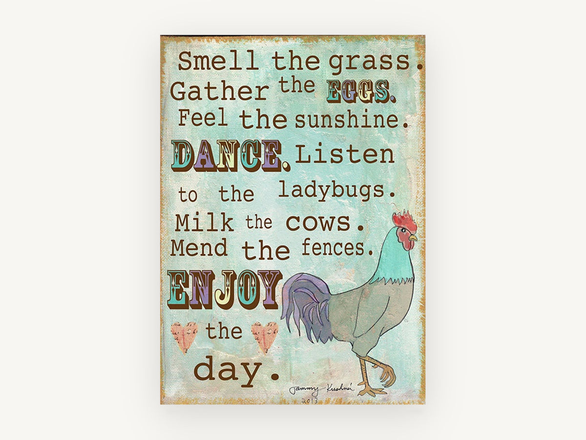 Enjoy the Day Rooster, rooster typography farm quote illustration, animal canvas wall art print, front view