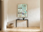 Enjoy the Day Rooster animal canvas print on the wall of a hallway