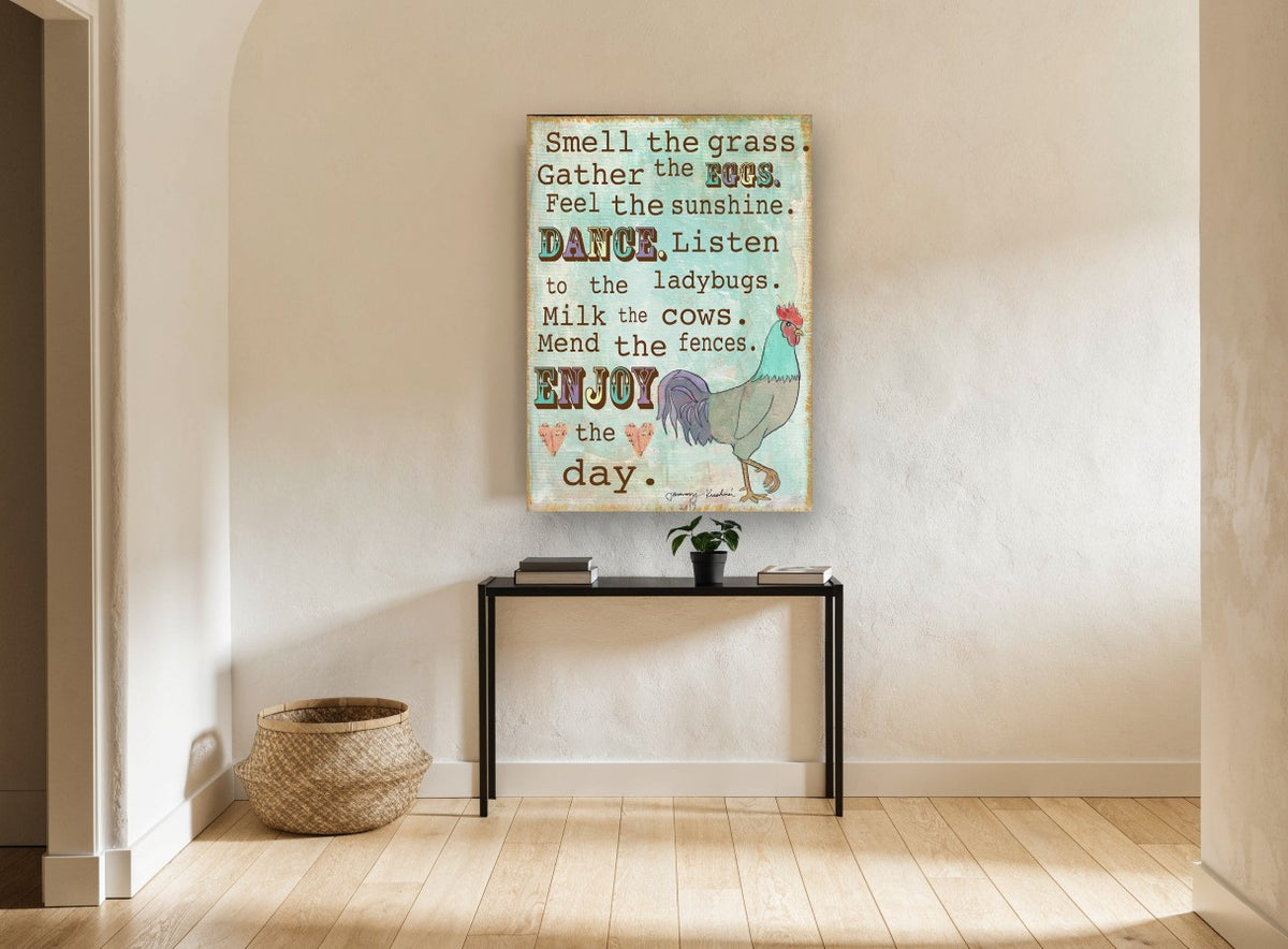 Enjoy the Day Rooster animal canvas print on the wall of a hallway