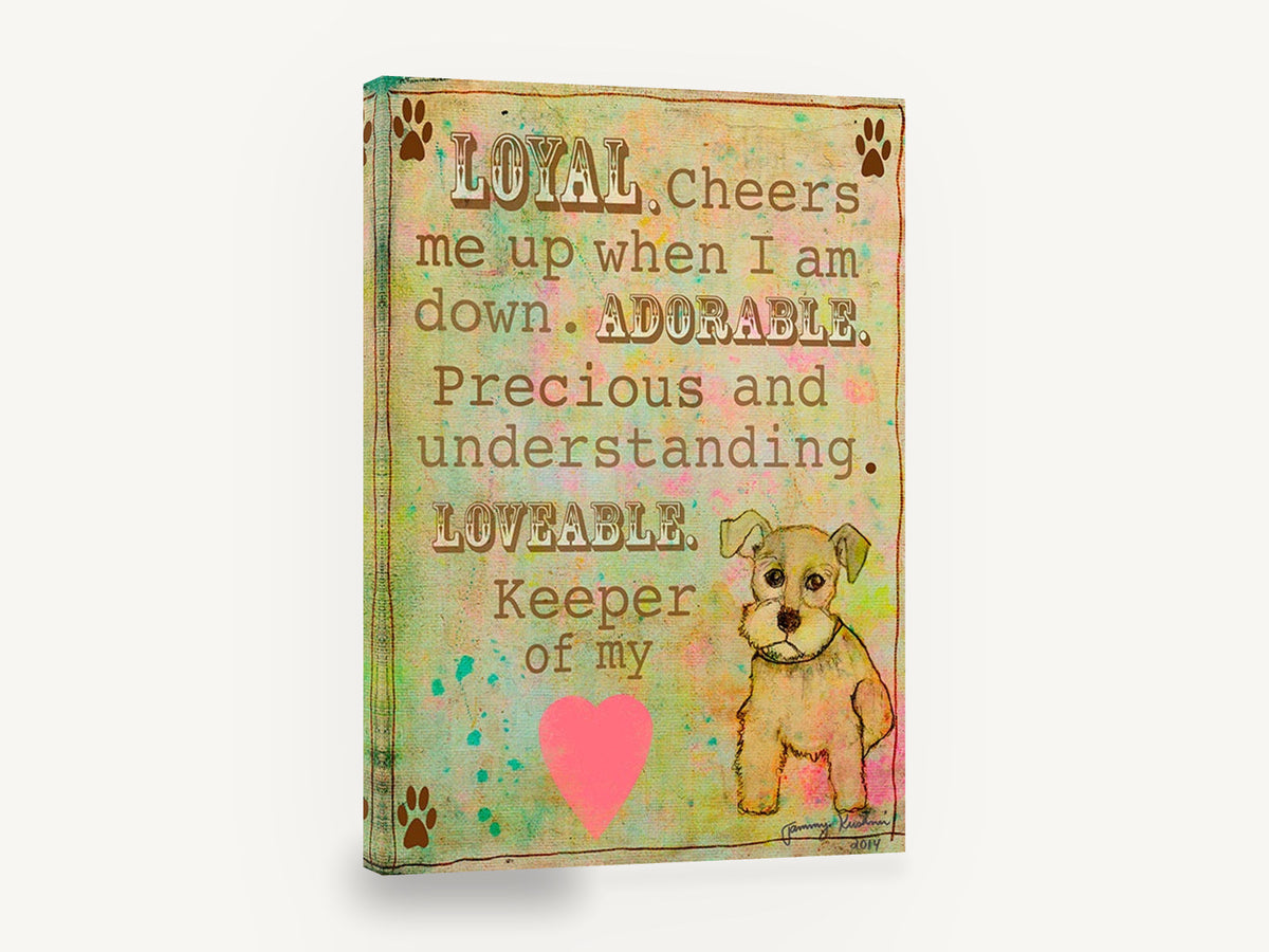 Keeper of My Heart Pup, schnauzer puppy typography illustration, animal canvas wall art print ready to hang