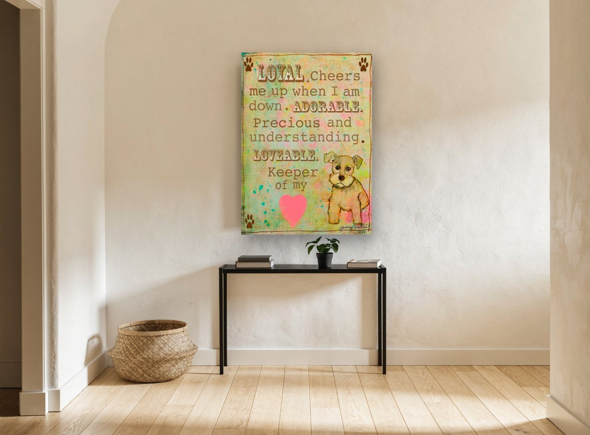 Keeper of My Heart Pup animal canvas print on the wall of a hallway