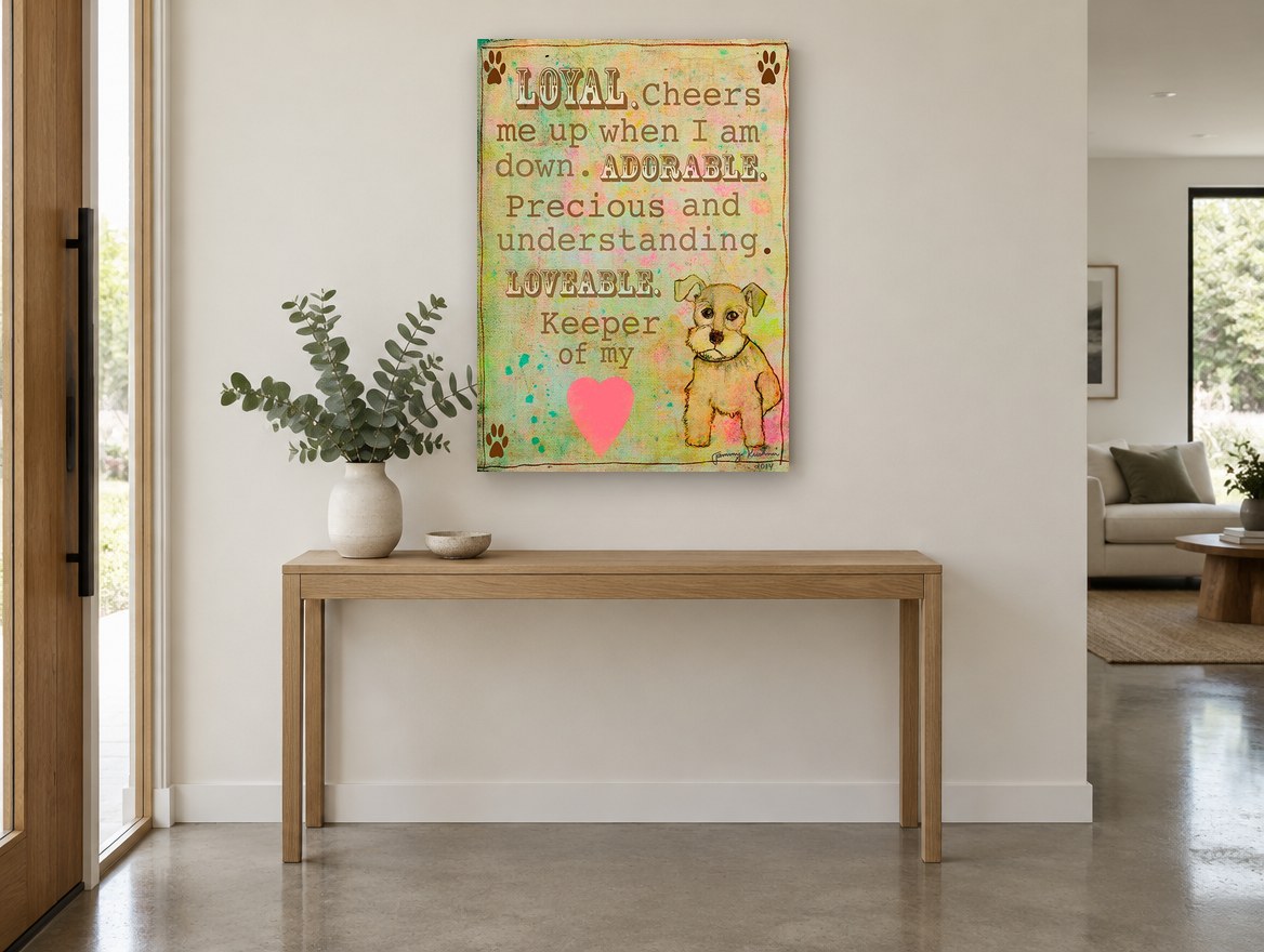 Keeper of My Heart Pup animal canvas print on the wall of a entry hall