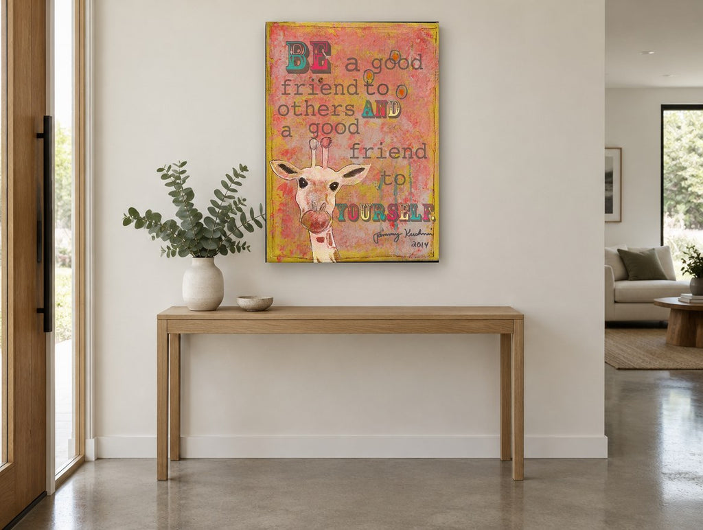 Giraffe Friend Quote animal canvas print on the wall of a entry hall