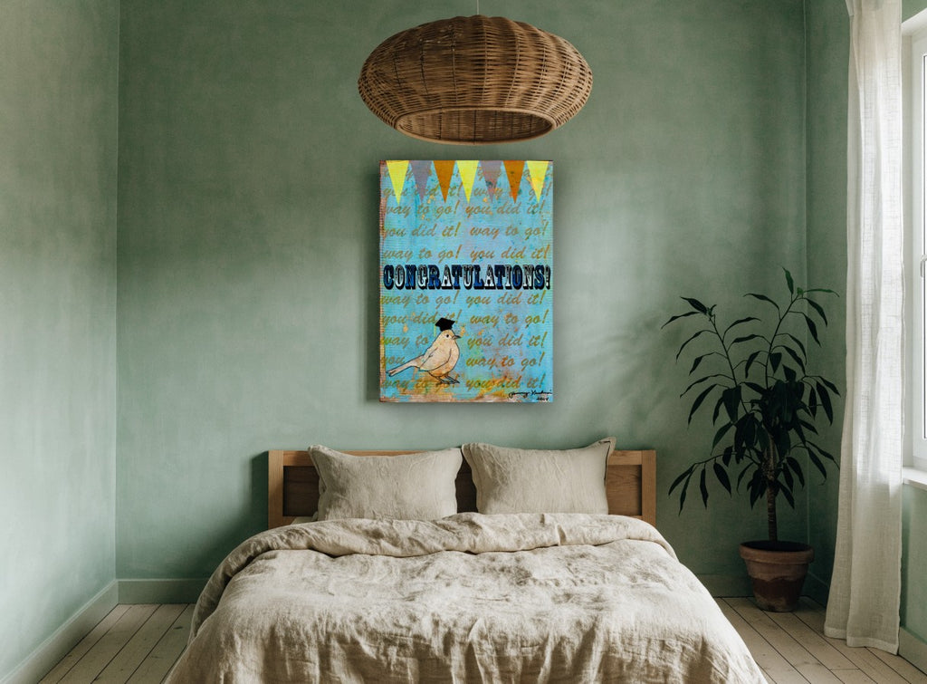 Graduate Bird Congratulations animal canvas print on the wall of a bedroom