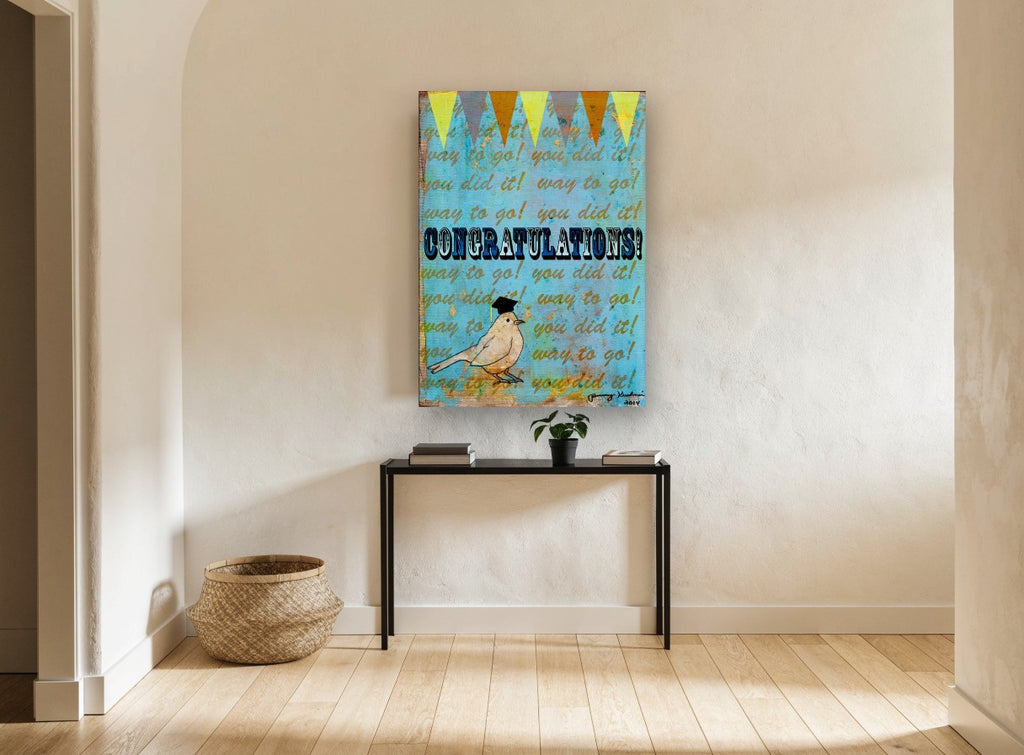 Graduate Bird Congratulations animal canvas print on the wall of a hallway