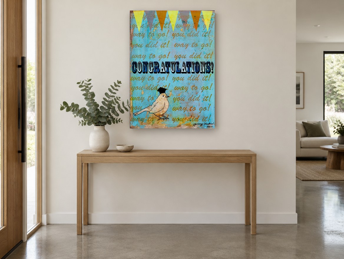 Graduate Bird Congratulations animal canvas print on the wall of a entry hall