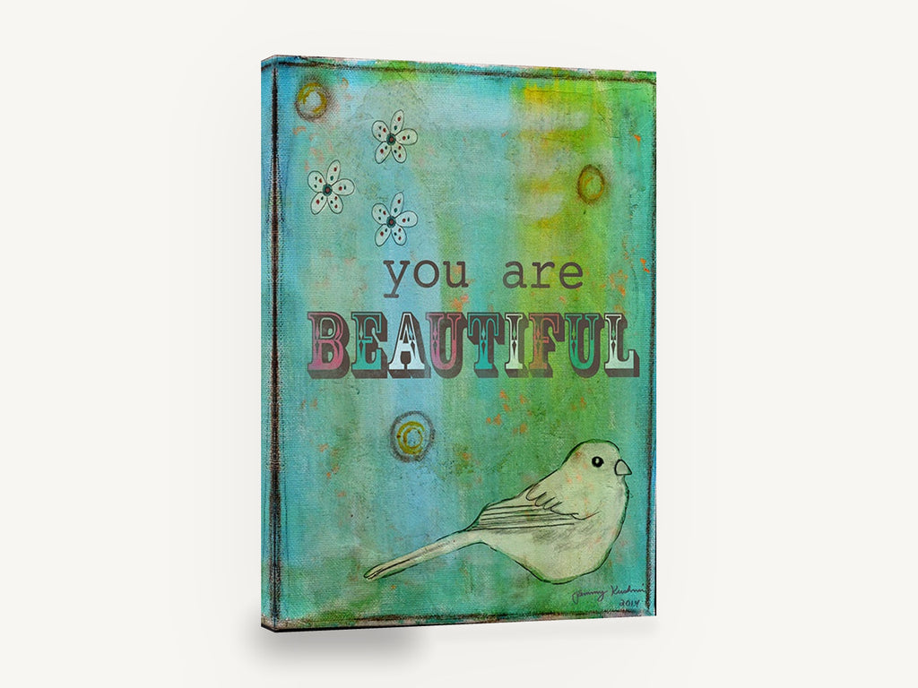 Beautiful Bird Affirmation, you are beautiful bird typography illustration, animal canvas wall art print ready to hang